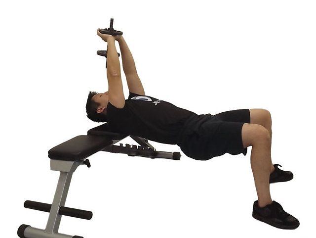 Упражнение пуловер лежа на скамье с гантелью и штангой для грудных мышц, трицепса и спины